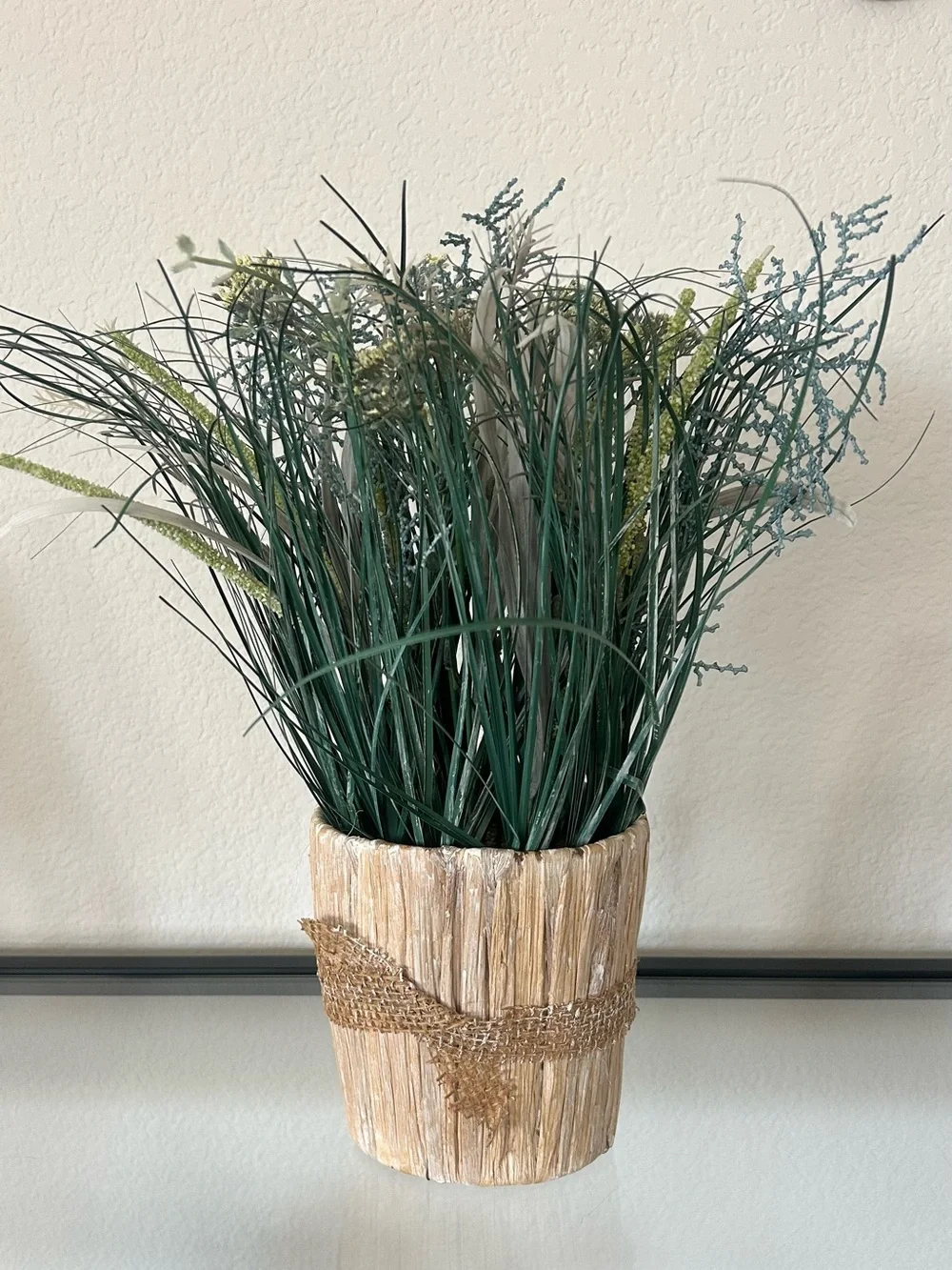 Natural Green Faux Grass Arrangement in Tan Rustic Pot